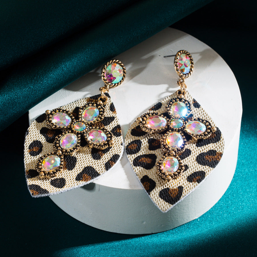 Wholesale Vintage Western Leopard Print Inlaid Turquoise Leather Earrings